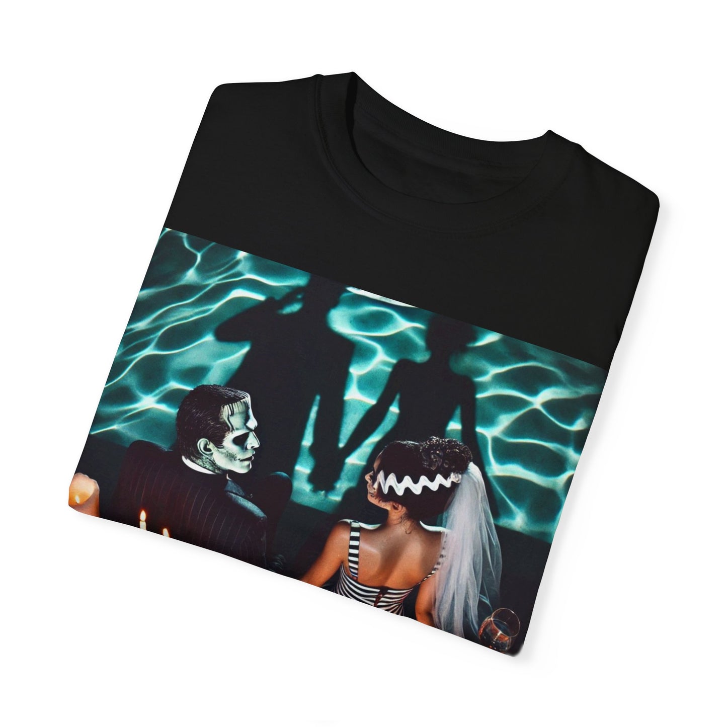 Bride and Frankenstein Holding hands at Pool Unisex T-shirt, Tee, Graphic Humor,