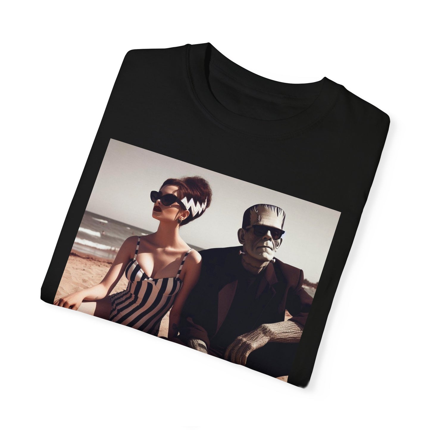 Funny Bride of Frankenstein & Frankenstein Beach T-shirt, Halloween Costume Tee,