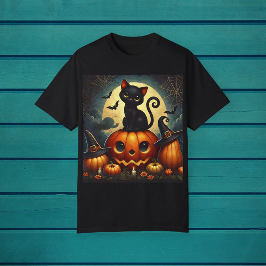 Black Cat and Pumpkins Halloween Unisex Tee, Graphic Tshirt, Jack o lanterns