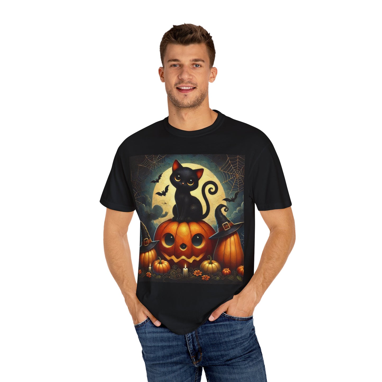 Black Cat and Pumpkins Halloween Unisex Tee, Graphic Tshirt, Jack o lanterns